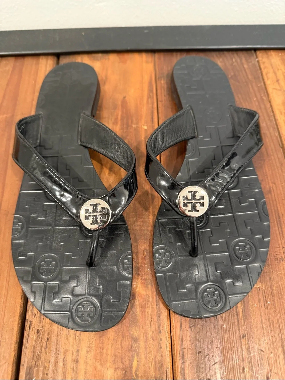 Tory Burch Black Patent Logo Thong Sandals